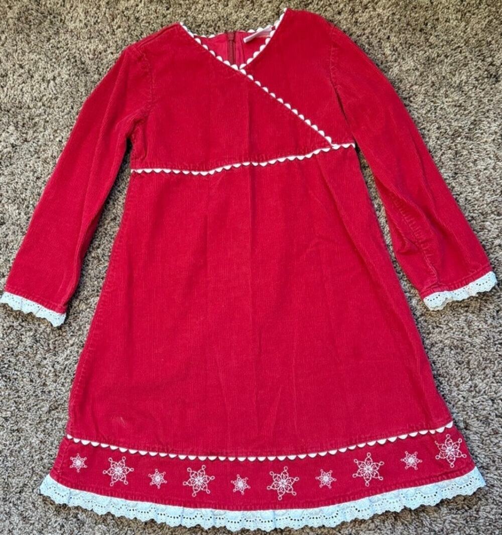 Vintage Hanna Andersson Red Corduroy Dress with White Trim Size 120